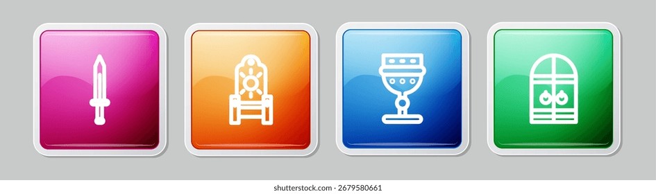 Linie Mittelalterliches Schwert, Thron, Kelch und Burgtor. Farbiger quadratischer Knopf. Vektorgrafik