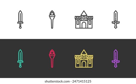 Set line Medieval sword, Torch flame, Castle, fortress and  on black and white. Vector