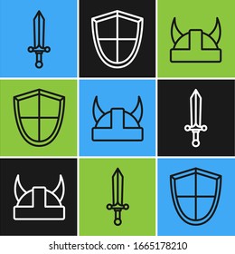 Fije la espada medieval, Viking en casco con cuerno e icono Escudo. Vector