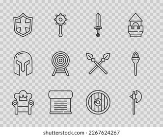 Fijar la línea de trono medieval, hacha, espada, decreto, pergamino, pergamino, escudo, blanco con flecha, escudo de madera redonda e icono de la llama de la antorcha. Vector