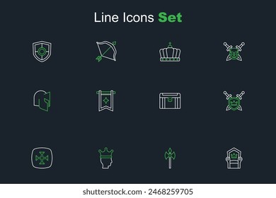 Trono medieval, hacha, corona del rey, cruzada, escudo con espadas, cofre del tesoro antiguo, bandera e icono del casco. Vector