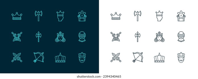Set line Medieval throne, bow and arrow, Princess or queen, King crown, axe,  and poleaxe icon. Vector