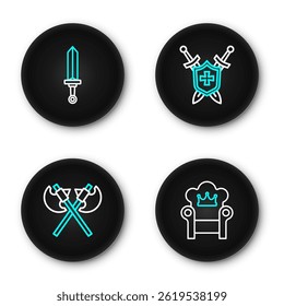 Set line Medieval throne, Crossed medieval axes, shield with swords and  icon. Vector