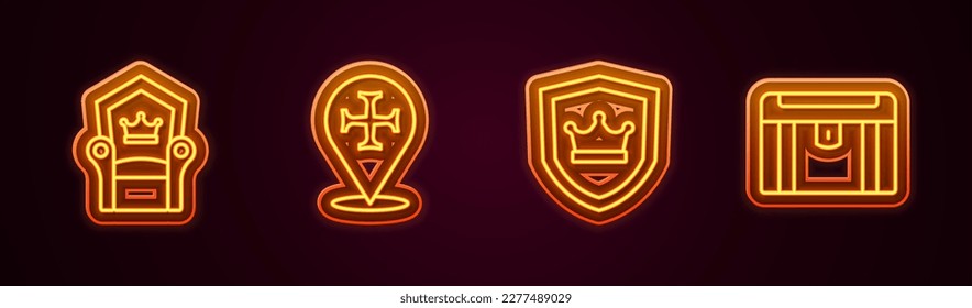 Set line Medieval throne, Crusade, Shield with crown and Antique treasure chest. Glowing neon icon. Vector