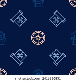 Set line Medieval throne, Crusade and Round shield on seamless pattern. Vector