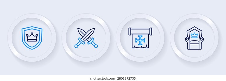 Set line Medieval throne, Crusade, Crossed medieval sword and Shield with crown icon. Vector