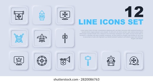 Set line Medieval throne, Crusade, Fleur lys or lily flower, Battle hammer, Shield with swords, Round shield, Castle tower and Trumpet flag icon. Vector