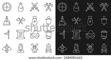 Set line Medieval throne, flag, Crossed medieval sword, Sword in the stone, Round wooden shield and Old money bag icon. Vector