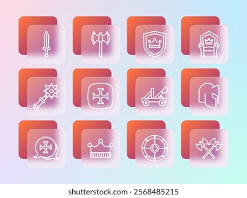 Set line Medieval throne, King crown, catapult, Round shield, Crusade, Shield with, sword and poleaxe icon. Vector