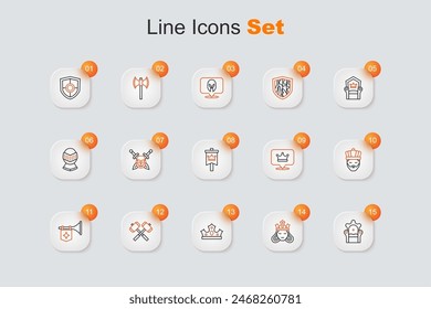 Set line Medieval throne, Princess or queen, King crown, Crossed battle hammers, Trumpet with flag,  and  icon. Vector