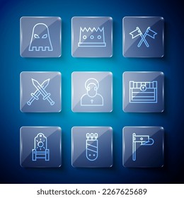 Set line Medieval throne, Quiver with arrows, flag, Crossed medieval, Monk, sword, Executioner mask and Antique treasure chest icon. Vector