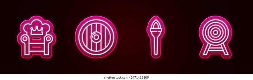 Trono medieval, escudo de madera redondo, llama de la antorcha y objetivo con flecha. Icono de neón brillante. Vector