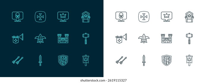 Set line Medieval throne, sword, Castle, Shield, Fleur de lys lily flower, King crown, helmet and Crusade icon. Vector