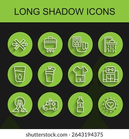 Set line Meditation, Ambulance and emergency car, No Smoking, Bottle of water, Sun, Fitness shaker, Gym building and Sport track suit icon. Vector