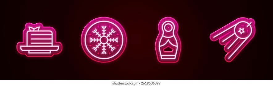 Set line Medovik, Snowflake, Russian doll matryoshka and Satellite. Glowing neon icon. Vector