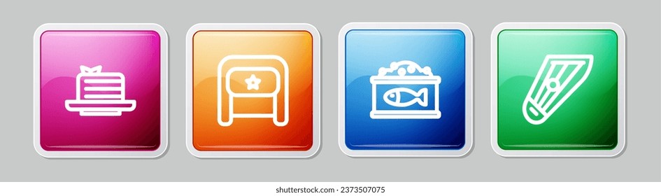 Set line Medovik, Ushanka, Tin can with caviar and Kankles. Colorful square button. Vector