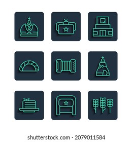 Set line Medovik, Ushanka, Wheat, Mausoleum of Lenin, Accordion, Dumpling, King crown and The Tsar bell icon. Vector