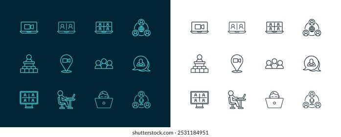 Defina a linha Reunião, Freelancer, Conferência de bate-papo em vídeo e ícone. Vetor