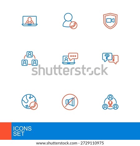 Set line Meeting, Mute microphone, Video chat conference, Question and Answer,  and  icon. Vector