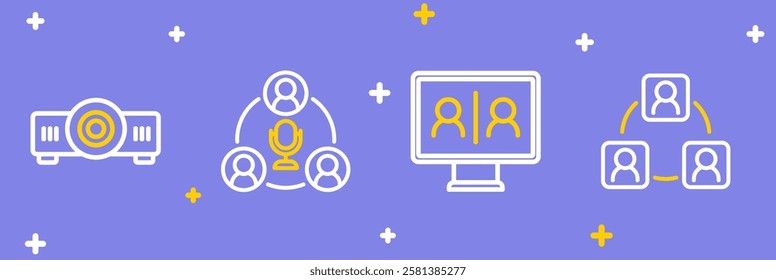 Set line Meeting, Video chat conference,  and Movie, film, media projector icon. Vector