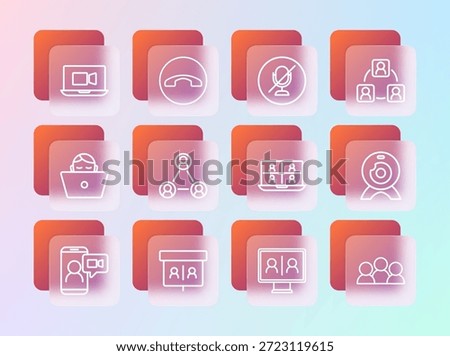 Set line Meeting, Video chat conference, Mute microphone,  and Telephone handset icon. Vector
