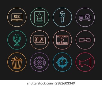 Set line Megaphone, 3D cinema glasses, Microphone, word, Laptop with 8k, Play Video and Hollywood walk of fame star icon. Vector