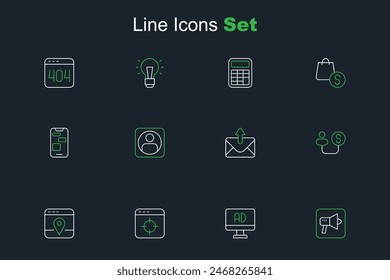 Set line Megaphone, Advertising, Target financial goal, Infographic of city map, Human and money, Mail e-mail, Create account screen and Mobile 24 hours support icon. Vector