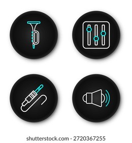 Establecer línea Megáfono, conector de audio, controlador de mezclador de sonido e icono de trompeta. Vector
