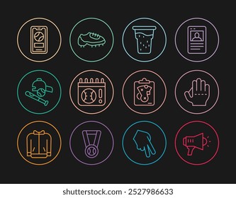 Set line Megaphone, Baseball glove, Glass of beer, Calendar with baseball game, bat ball, hat, Mobile, Planning strategy and boot icon. Vector