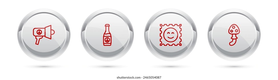 Set line Megaphone, Beer bottle, LSD acid mark and Psilocybin mushroom. Silver circle button. Vector