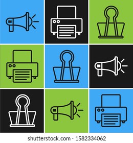 Set line Megaphone, Binder clip and Printer icon. Vector