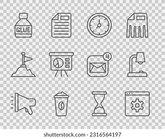 Set line Megaphone, Browser setting, Clock, Coffee cup to go, Glue, Board with graph, Old hourglass and Table lamp icon. Vector