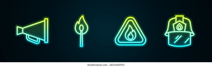 Set line Megaphone, Burning match with fire, Fire flame triangle and Firefighter helmet. Glowing neon icon. Vector