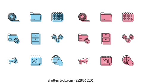 Set line Megaphone, Calendar, Scotch, World map made from speech bubble, Archive papers drawer, Gear, Folder settings with gears and Document folder icon. Vector