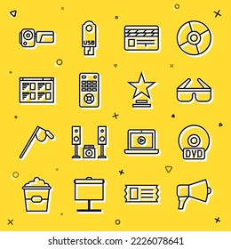 Set line Megaphone, CD or DVD disk, 3D cinema glasses, Movie clapper, Remote control, Online play video, Cinema camera and trophy icon. Vector
