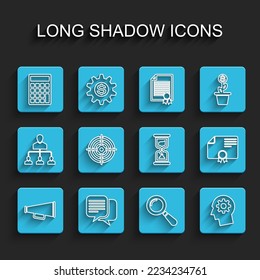 Set line Megaphone, Chat, Calculator, Magnifying glass, Human head with gear inside, Target sport, Certificate template and Old hourglass icon. Vector
