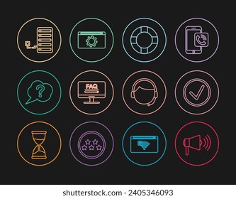 Set line Megaphone, Check mark in circle, Lifebuoy, Monitor with FAQ information, Speech bubble Question, Server, Man headset and Setting icon. Vector