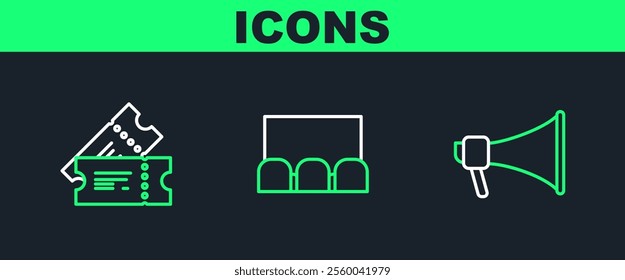 Set line Megaphone, Cinema ticket and  icon. Vector