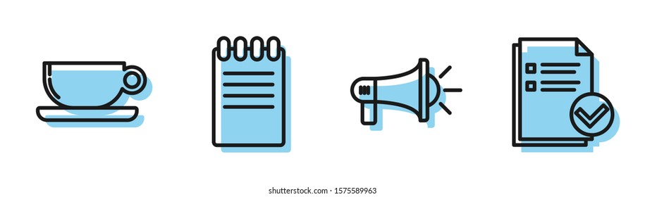 Set line Megaphone, Coffee cup flat, Notebook and Document and check mark icon. Vector