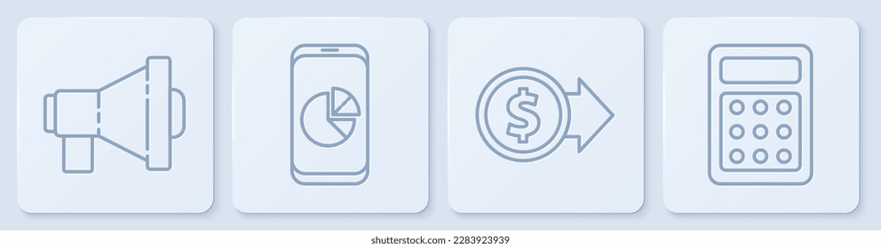 Set line Megaphone, Coin money with dollar, Mobile phone with graph chart and Calculator. White square button. Vector