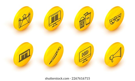 Set line Megaphone, Computer PC monitor with HD video technology, Knife, Buy cinema ticket online, Comedy and tragedy theatrical masks, Popcorn soda drink glass,  and Carpet barriers star icon. Vector