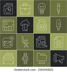 Set Line Megaphone, Document Settings, Marker Pen, Light Bulb, Cloud Database, Graph Chart Infographic, With And Inkwell Icon. Vector