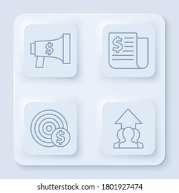 Set line Megaphone and dollar, Financial news, Target with dollar symbol and Growth chart and progress in people crowd. White square button. Vector