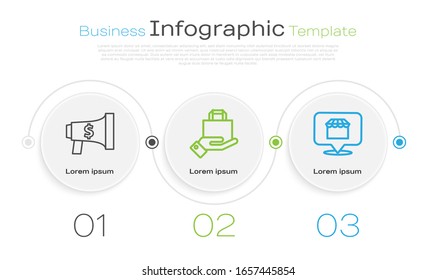 Set line Megaphone and dollar, Hand and paper shopping bag and Online shopping concept. Business infographic template. Vector