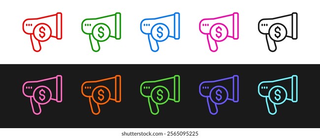 Set line Megaphone and dollar icon isolated on black and white background. Loud speech alert concept. Bullhorn for Mouthpiece scream promotion.  Vector