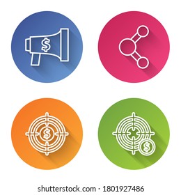 Set line Megaphone and dollar, Share, Target with dollar and Target with dollar symbol. Color circle button. Vector