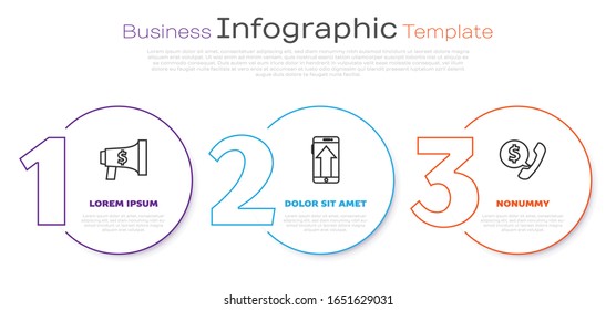Establezca la línea Megaphone y dólar, Smartphone, teléfono móvil y teléfono y chat de burbujas de voz. Plantilla de infografía empresarial. Vector