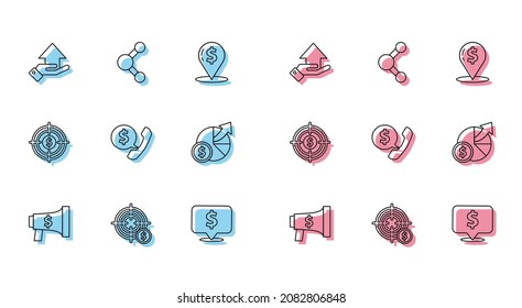 Set line Megaphone and dollar, Target with symbol, Money hand, Speech bubble, Telephone handset speech chat, diagram graph,  and Share icon. Vector