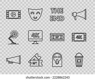 Set line Megaphone, The End handwritten inscription, Cinema ticket, Play Video, Computer PC monitor with 4k video technology, Funny scary ghost mask and movie, tape, frame icon. Vector