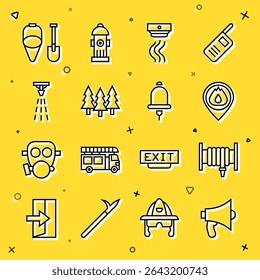 Set line Megaphone, Fire hose reel, Location with fire flame, Smoke alarm system, Forest, sprinkler, shovel and bucket and Ringing bell icon. Vector